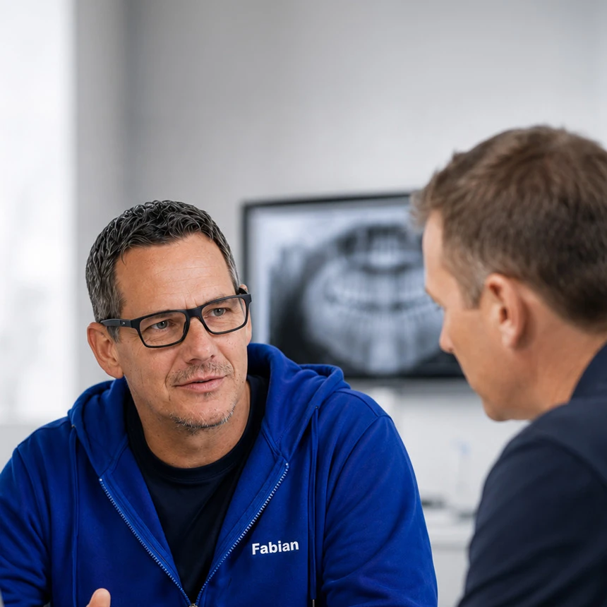 IT-Berater Fabian Brülhart bespricht digitale Infrastruktur für Zahnarztpraxis und Dentallabor im persönlichen Gespräch
